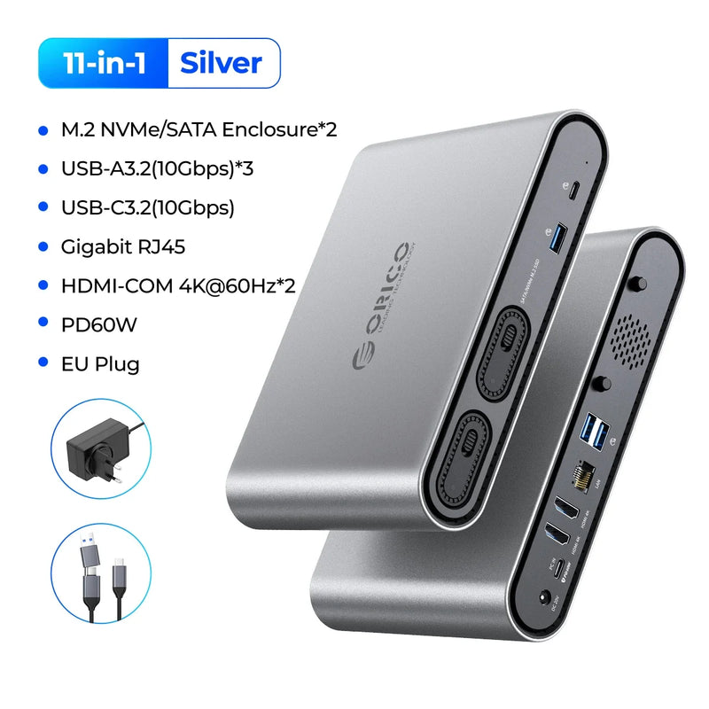 ORICO USB C Triple Display Docking Station with 65W Power Adapter Dual M.2 SSD Case 4K60Hz HDMI-com PD60W Ethernet USB3.2 10Gbps