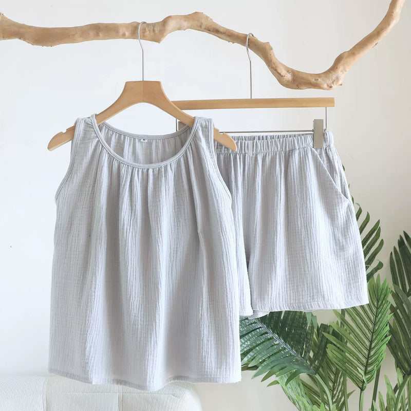 Summer Pajamas Two-Piece Women's Set Soft Home Wear New Solid Color Sleeveless O-Neck Home Suit Shorts Loungewear Pyjama Femme