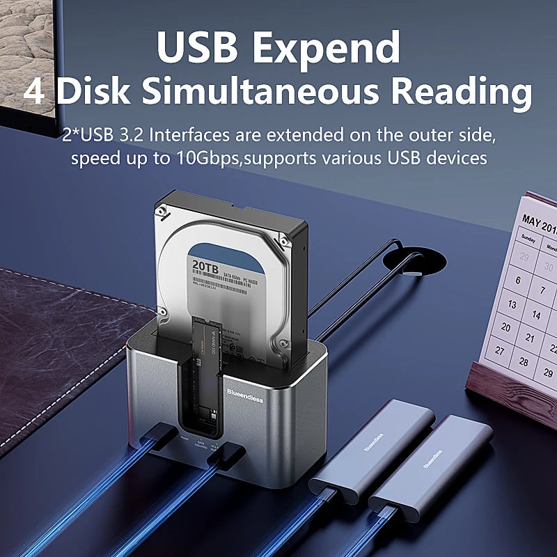ស្ថានីយ៍ចត HDD SSD Blueendless សម្រាប់ M.2 PCIE NVMe និង M.2 SATA និង 2.5'/3.5' SATA SSD/HDD ជាមួយ USB3.2 HUB HDD/SSD Enclosur