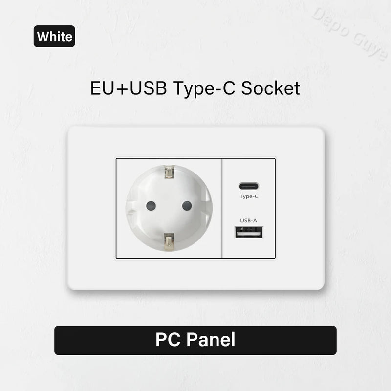 EU Korea Standard 4*2 Wall Light Switch Socket,USB Type-c 20W Fast Charger plug,1/2/3/4/Gang 2 Way Switch PC Panel Power ON OFF