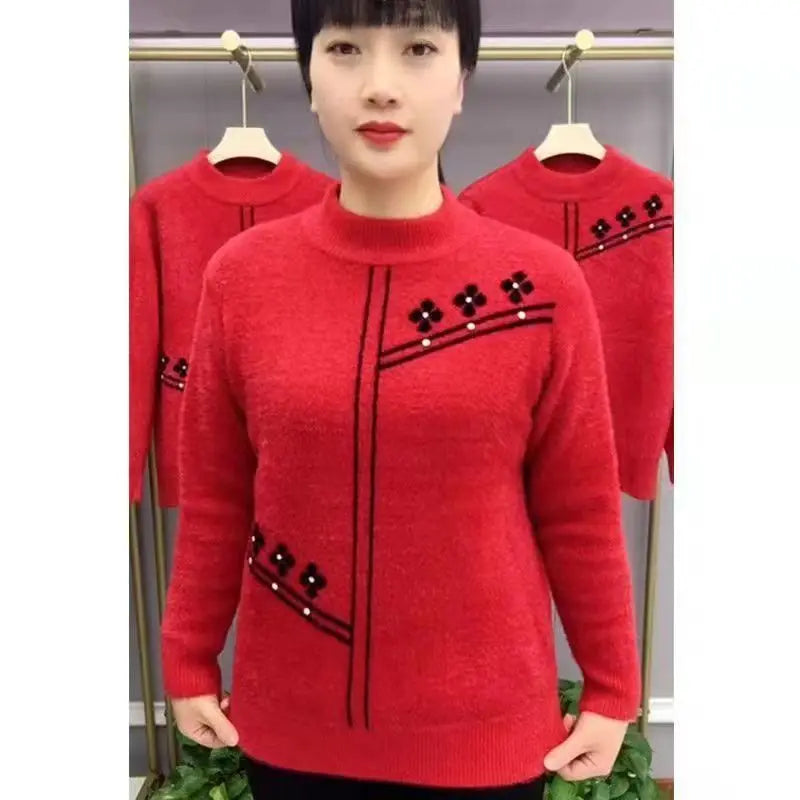 Winter Woman Clothes Half Turtleneck Thicken Pullover Top Warm Mink Fur Knitwear Female Clothing Bottom Wear Printed Sweater