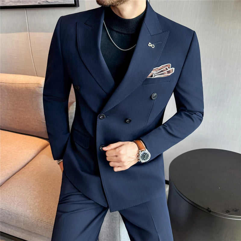 Men's Dark Stripe Double-Breasted Suit Set (Jacket + Pants), Premium Two-Piece Formal Wear, Wedding Suit Business Formal