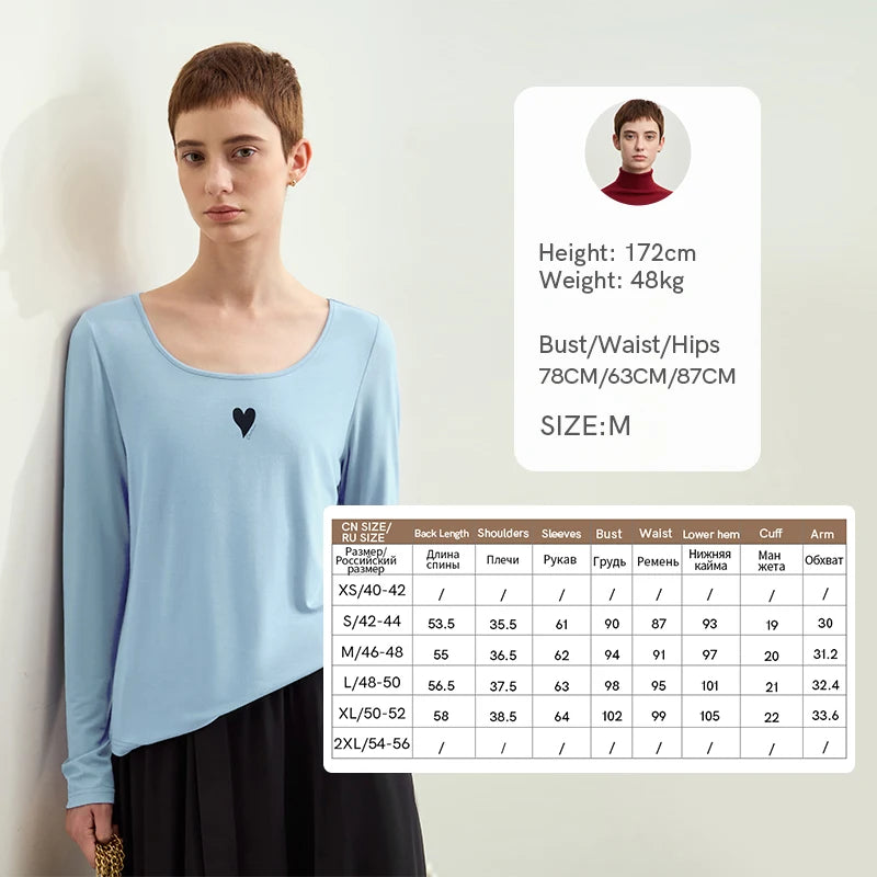 Amii Women's Casual T-shirt 2026 Autumn New Contrast Color Print U-neck T-shirt Female Cotton Basic Long Sleeve Top 12611034