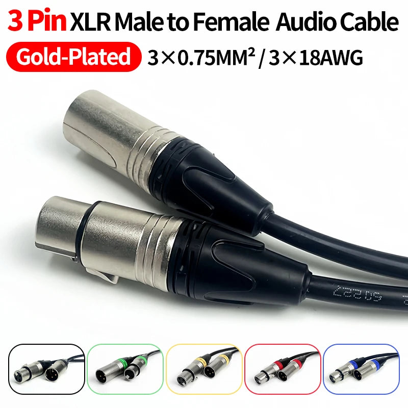 1M/2M/3M/5M/10M Gold-Plated 3-Pin XLR Male to Female Audio Cable - 3X0.75mm² (3X18AWG), Professional Use