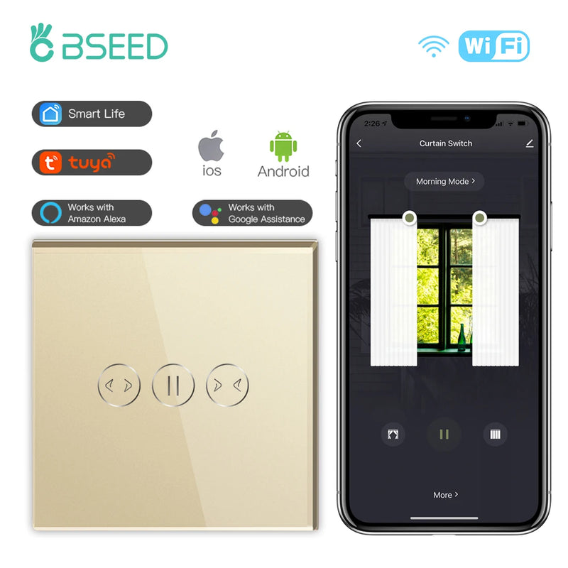 BSEED WiFi Curtain Switch Wireless Smart Touch Switch for Smart Life Tuya Alexa Blind Roller Shutter With Neutral Line