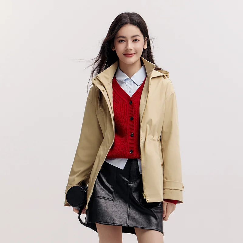 Semir Commute Jacket Women Spring Mid Length Hooded Drop Shoulder Waist Cinched Windproof Waterproof Stain-Resistant Top