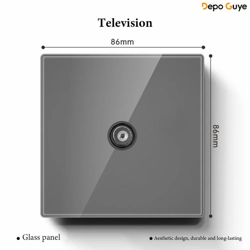 Grey Tempered Glass UK Standard 13A Wall Switch Socket with LED USB Type-C TV CAT6 Data Outlet British Electrical Wall Panel
