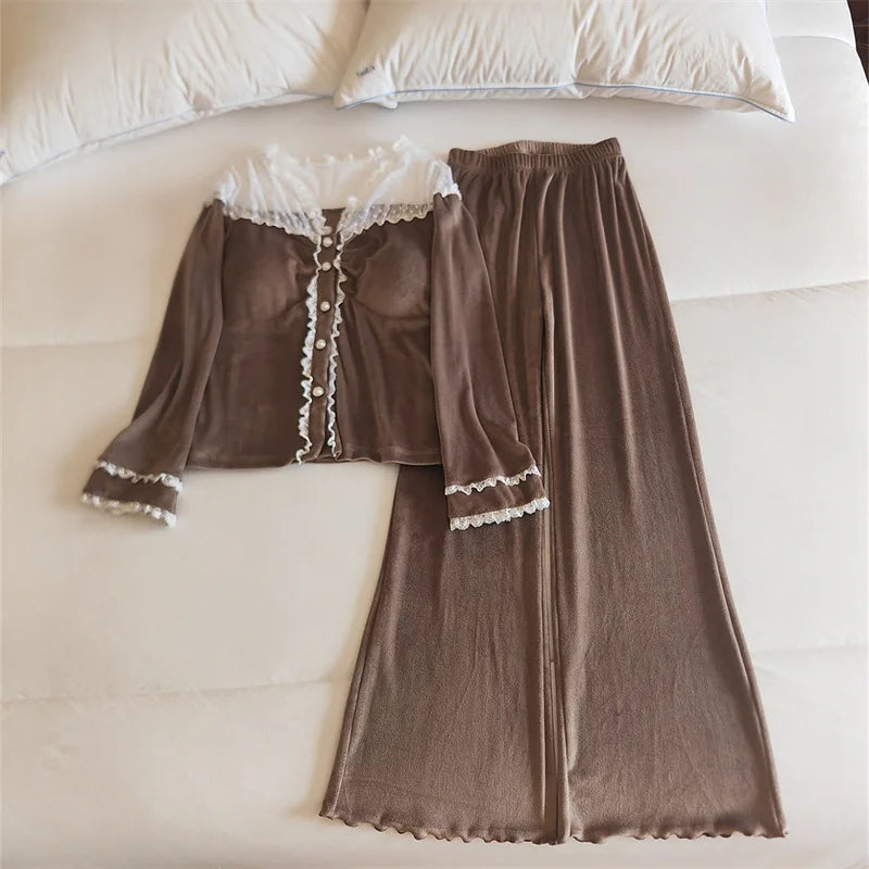 ឈុតគេងផ្អែមល្ហែម កោះ Velvet ក្តៅរដូវរងា គេងក្រាស់ បន្ទះទ្រូង អាវដៃវែង អាវគេងនារីជាមួយខោ ឈុតផ្ទះ