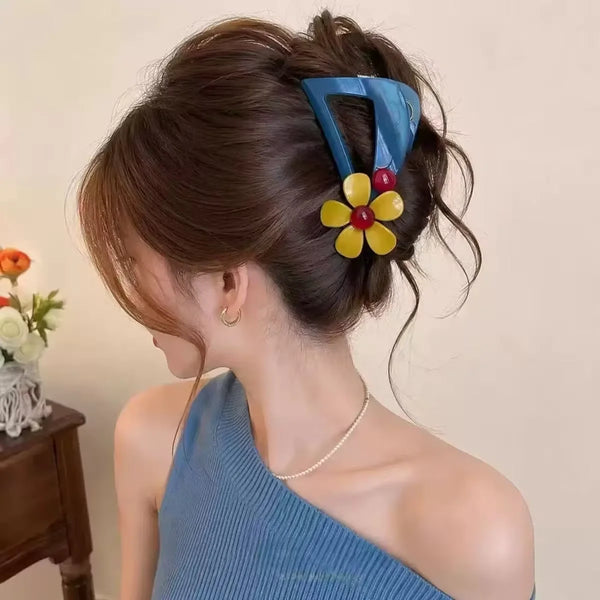 Retro Contrast Color Floral Shark Claw Clip 2026 New Elegant Unique Full Hair Clamp Women Hair Accessories For Updo Hairstyle