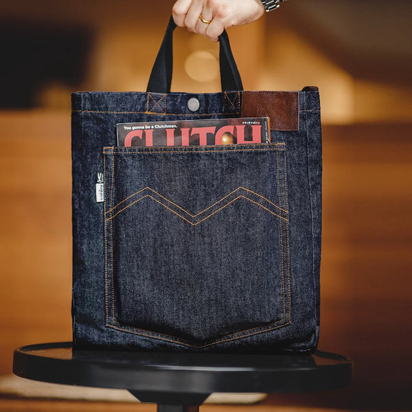 កាបូប Maden Retro Denim ទំហំ 14oz កាបូបស្ពាយស្មាតែមួយសម្រាប់បុរសនិងស្ត្រី ប៉ាក់ដោយដៃ កាបូប Tote រាងសំប៉ែត ងាយស្រួលកាន់ សម្រាប់ប្រើប្រាស់ប្រចាំថ្ងៃ