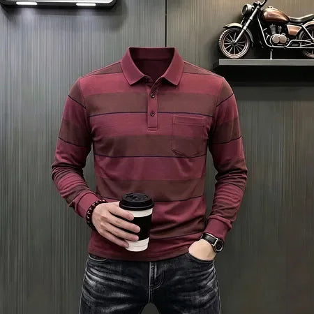 Autumn Basic Long Sleeve Polo Men Turn Down Collar Stripe Pattern Material Easy Matching Daily Commute Apparel