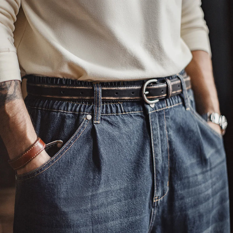 Maden Men's Vintage Black Leather Belt Full-Grain Vegetable-Tanned Cowhide Belt Antique Burnished Finish Single Prong Jeans Belt