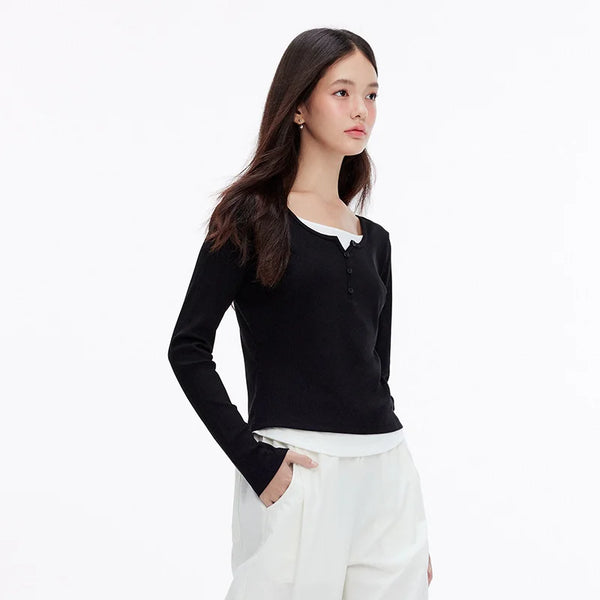 អាវយឺត Semir សម្រាប់នារី ដៃវែង រាងកោង ដេរប៉ាក់ពីរដុំ រចនាបថធម្មតា ស្លៀកប្រចាំថ្ងៃ រដូវស្លឹកឈើជ្រុះ ឆ្នាំ២០២៦