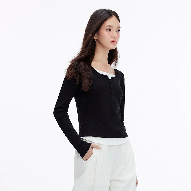 Semir Women Tshirt Slim Long Sleeve Curved Hem Patchwork Faux Two Piece Base Top Autumn Casual Style Daily Wear 2026