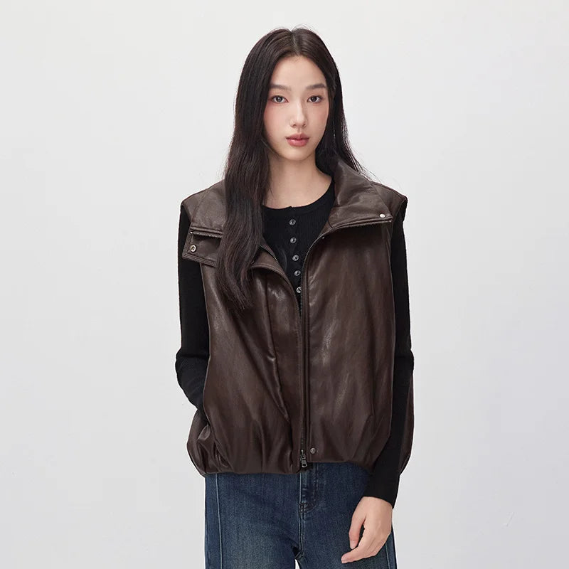 Semir Women Padded Vest Faux Leather Stand Collar Loose Fit Balloon Shape Street Style 2026 New Winter Daily Wear