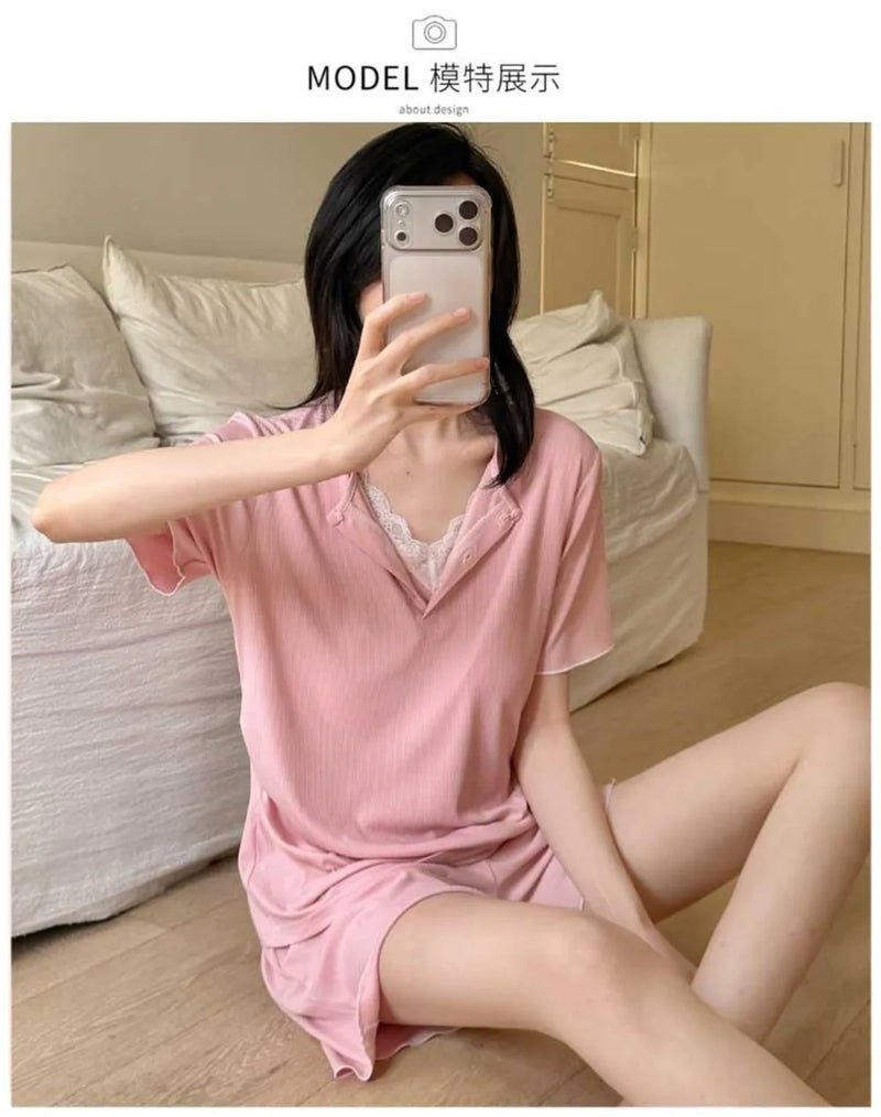 Thin Women's Sleepwear Pyjama Shorts Suit Pijama Femme Loungewear Pj Sets Solid Color Home Clothes Summer New Loungewear Suit