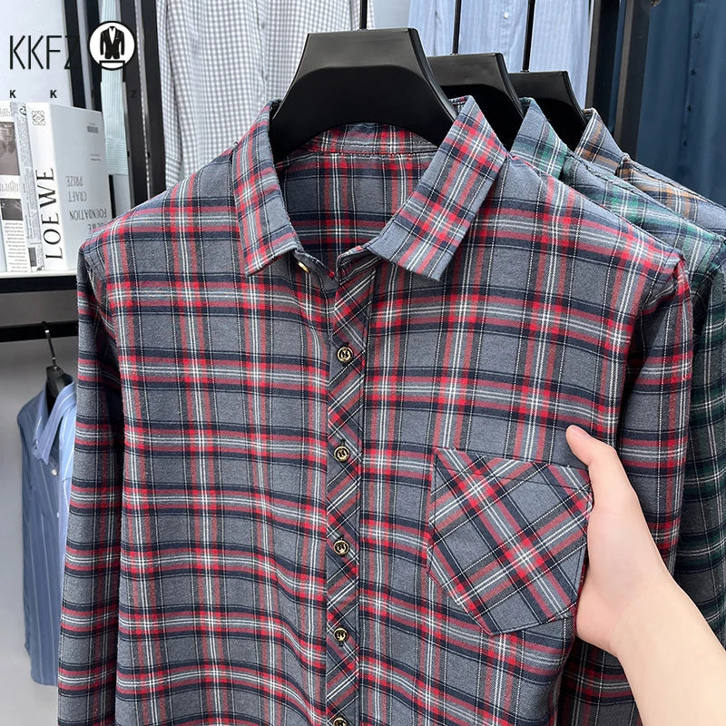 Men's Lapel Collar Plaid Shirt Long Sleeve Breathable Fabric Comfortable Lightweight Casual Business Daily Wear