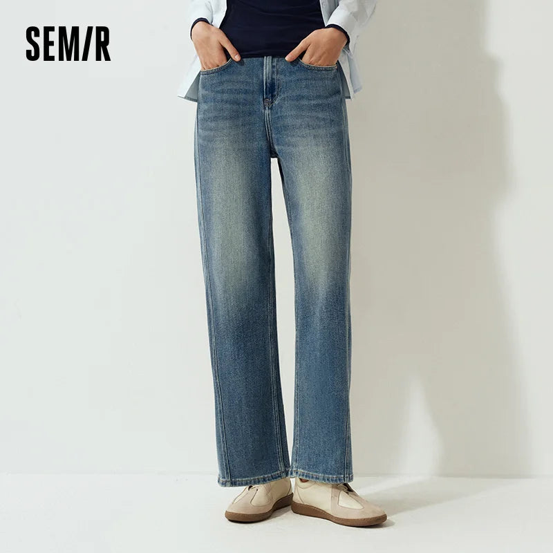 Semir Women Jeans Slim Fit Wide Leg Solid Color Open Hem 2026 Winter Everyday Style Full Length Comfort Fit Denim Fabric
