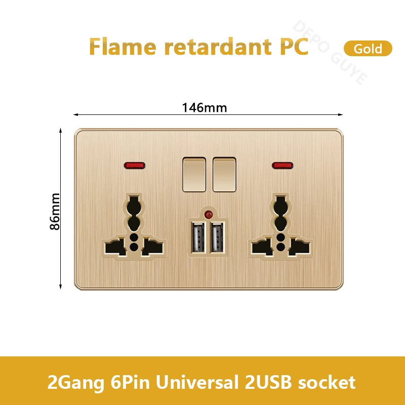Gold Universal 3/5Pin Plastic Power Socket,UK Wall Outlet With 2.1A Dual USB Port,220V Electrical 2way Switch TV Computer CAT6