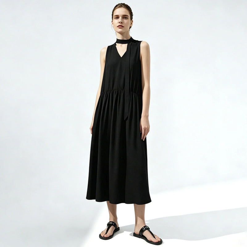 Amii Women's Dress 2026 Summer New V-Neck Tie Low Waist Sleeveless A-Line Midi Dress Holiday Casual Flowy Woman Clothes 12652073