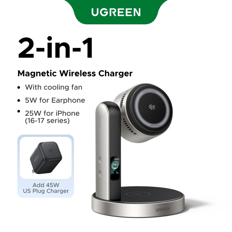 UGREEN MagFlow Pro Qi2.2 25W 2 in 1 Magnetic Wireless Charger with Cooling System For iPhone 16 17 Pro Wireless Fast Charging