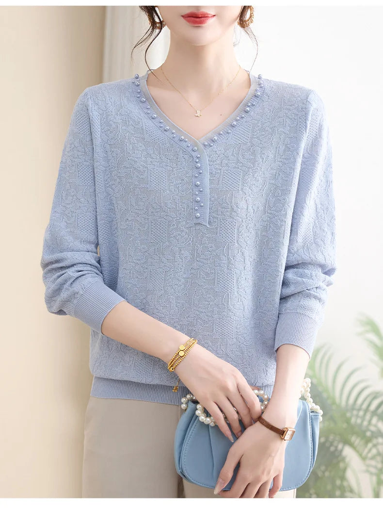 Sweater For Woman V Neck Long Sleeve Tops Spring Autumn Women's Clothing Beading Pullover Blouse Hot Sweaters Female Jumper