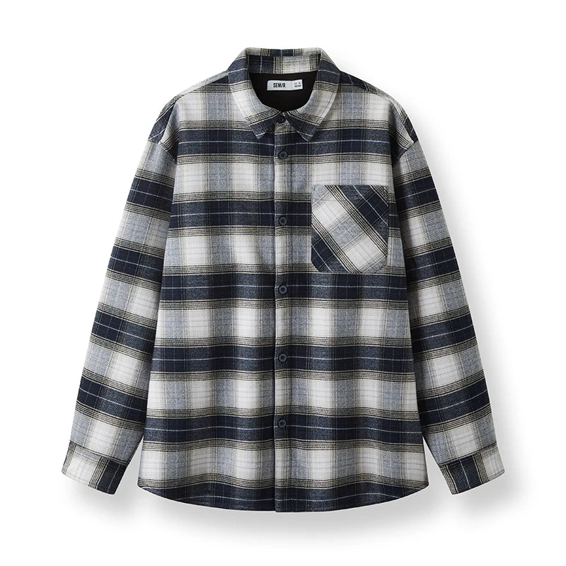 Semir Men Shirt Fleece Lined Plaid Pattern Long Sleeve Loose Fit 2026 Winter Casual Style Layering Wear Everyday Look