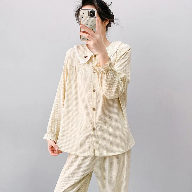 Autumn Sleepwear Plaid Print Pyjama Set 2 Pieces Loungewear Women Suit Long Sleeve Top with Elastic Pants Women's Nightwear