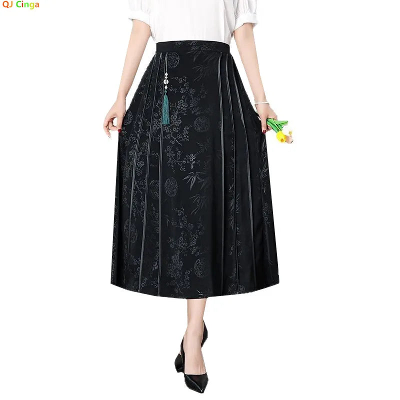 2026 Spring Women's Black Skirt, Chinese-Style High-Waisted Fashion A-Line Skirts, Jacquard Fabric, Asian Sizes.