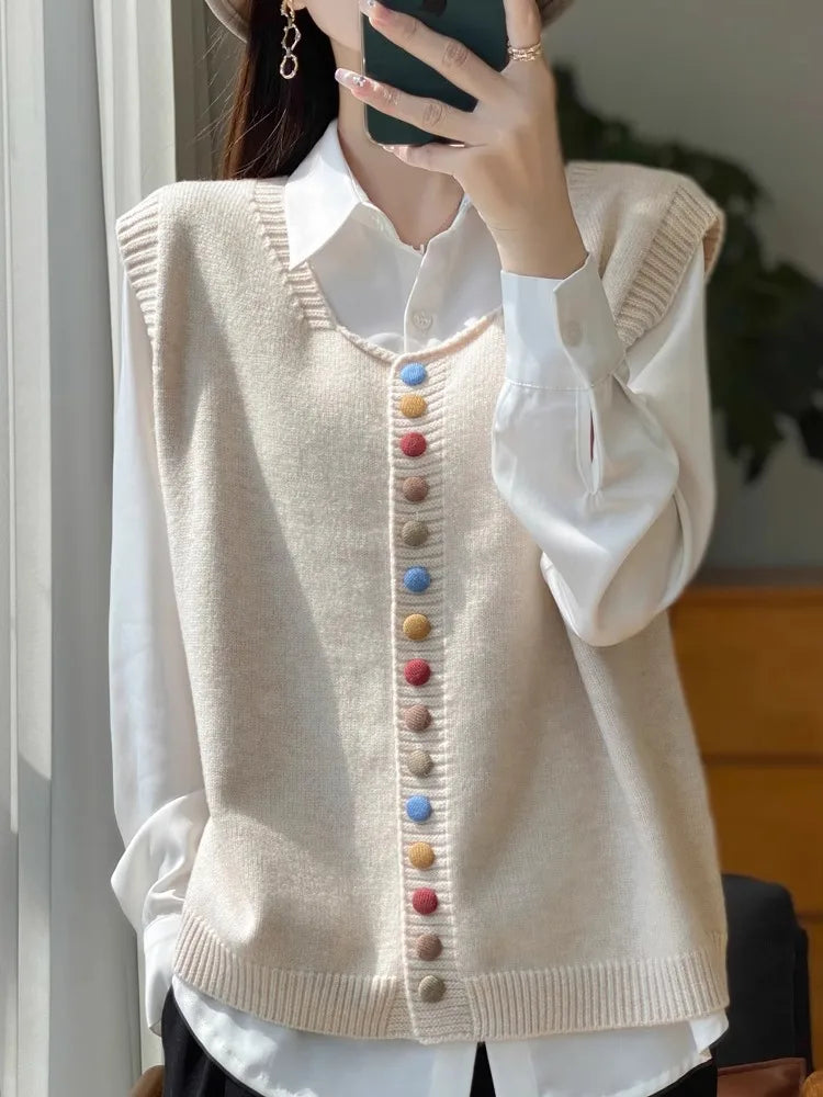 Retro Button Crew Neck Knitted Vest Cardigan Women's Sleeveless Sweater Stack Wear Versatile Top Ladies Spring Autumn Jacket