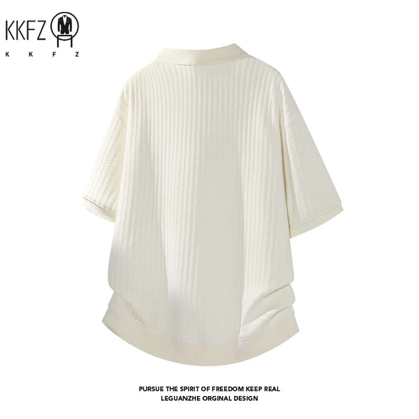 Male Summer Polo Collar Short Sleeve Shirt Vertical Woven Jacquard Cloth Relaxed Silhouette For Outdoor Travel Matching