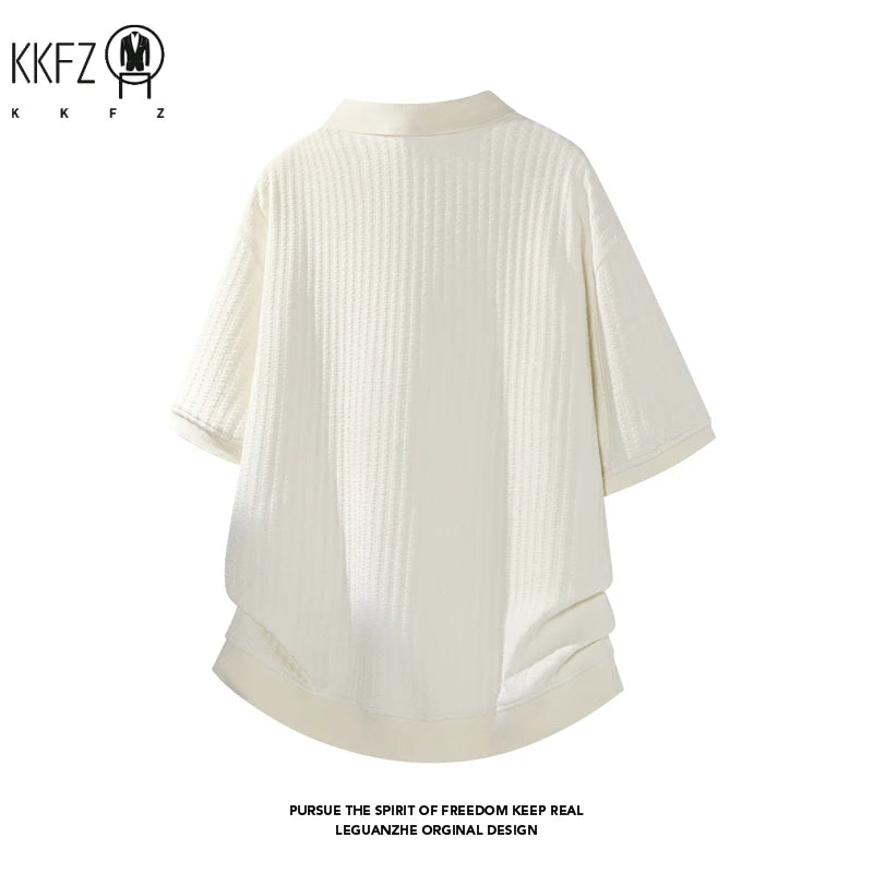 Male Summer Polo Collar Short Sleeve Shirt Vertical Woven Jacquard Cloth Relaxed Silhouette For Outdoor Travel Matching