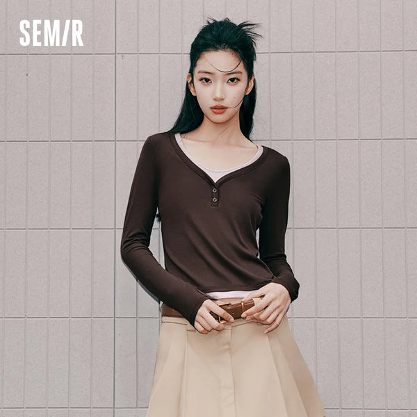 អាវយឺត Semir សម្រាប់នារី ដៃវែងខ្លី ករាងអក្សរ U ស្រោបដោយក្រណាត់ពីរជាន់ ស្ដើងតឹង ធម្មតា ស្លៀកប្រចាំថ្ងៃ រដូវស្លឹកឈើជ្រុះ ឆ្នាំ២០២៦