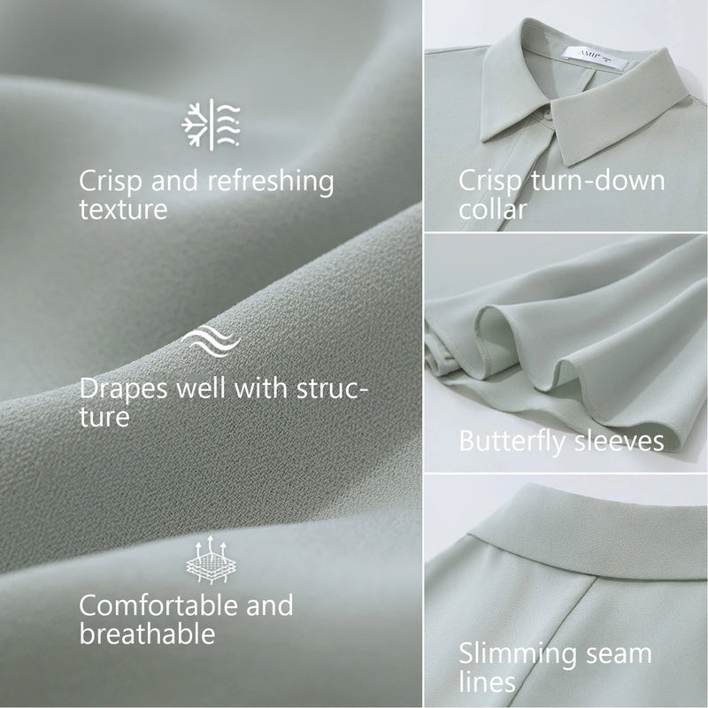 Amii Chiffon Shirt 2026 Summer New Lapel Collar Butterfly Sleeve Women's Blouse Loose Fit Elegant Office Top For Women 12622181