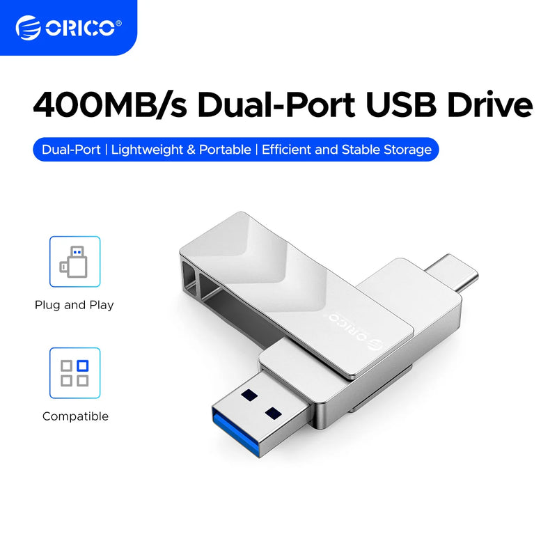 ORICO USB Flash Drive USB3.2 Gen1 400MB/s Dual USB-C and USB-A Mini Thumb Drive Memory Sticks for iPhone 15/16/17 Series PC