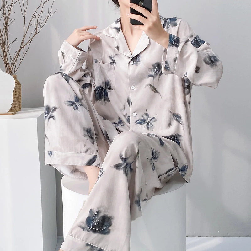 Viscose Loungewear 2 Piece Long Sleeve Top Pants Sleepwear Retro Floral Pajama Set For Women Autumn Soft Women's Home Nightwear