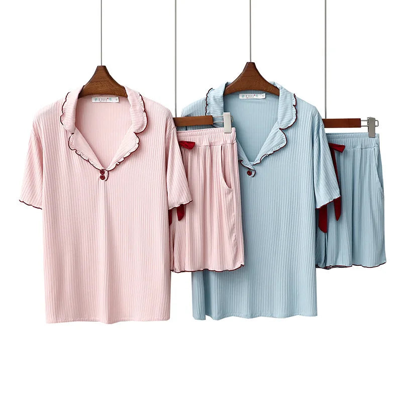 New Women's Pajamas Pit Strip Modal Short-sleeved Lapel Cardigan Shorts Set Casual Home Clothes Korean Pyjamas Femme Sleepwear