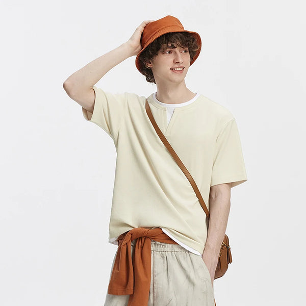 អាវយឺតបុរស Semir ដៃខ្លីក V ពណ៌ Waffle Knit រដូវស្លឹកឈើជ្រុះឆ្នាំ ២០២៦ អាវយឺតរលុងធម្មតាសម្រាប់រាល់ថ្ងៃ