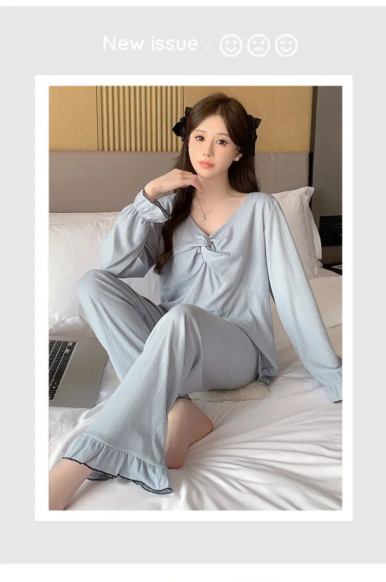 M-5XL NEW Long Sleeve Trousers Suit Ladies Home Clothes Loose Pajamas Set Female Autumn Winter Cotton Pijamas Women Plus Size