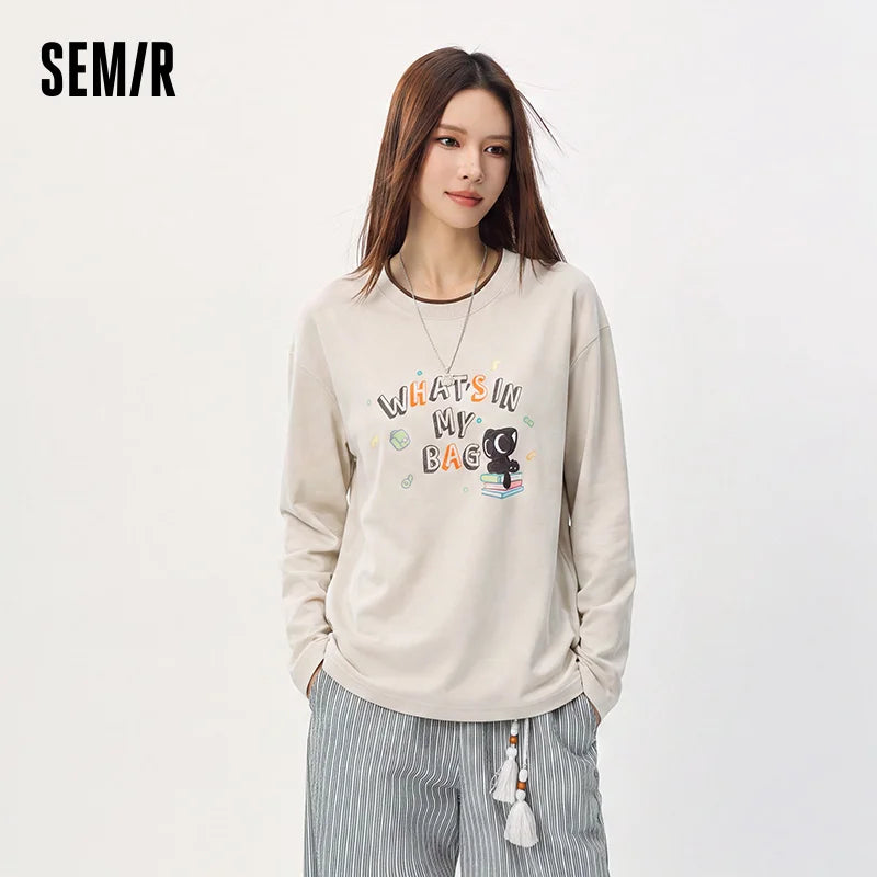 Semir Women Tshirt Cotton Fabric Color Block Long Sleeve Oversized Fit Mid Length Retro Style 2026 Autumn Soft Comfort
