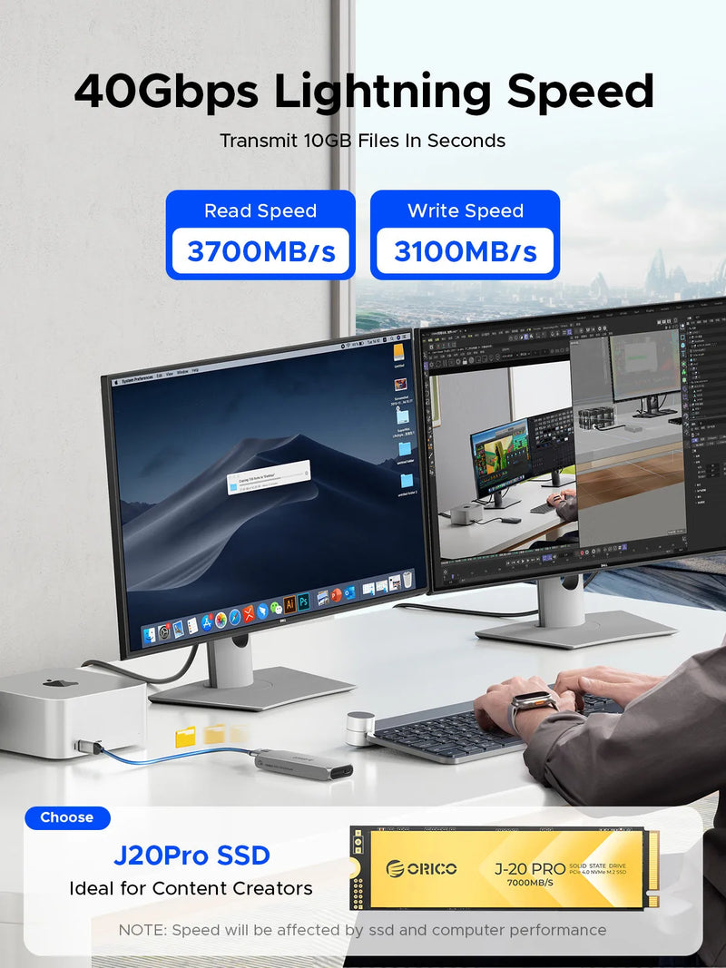 ORICO USB4 40Gbps Enclosure with Cooling Fan 8TB MaxPCIe4.0 NVME Enclosure Aluminum Compatible Thunderbolt 3/4 for mac mini iMac