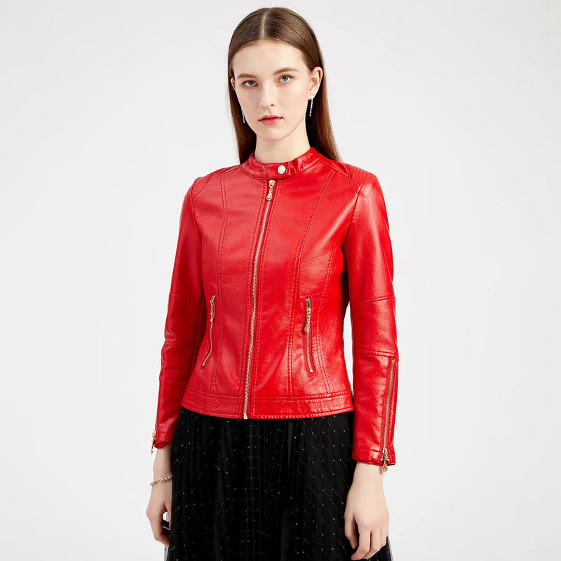 Red PU Faux Leather Jacket Women Fashion Casual Biker Jackets Outwear Female Tops Spring and Autumn Black Leather Jacket Coat