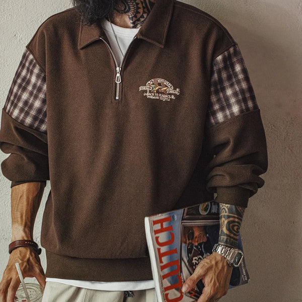អាវយឺត Maden Vintage Half-Zip Sweatshirt បុរសពណ៌ត្នោតអាមេរិកាំងធម្មតា Retro Color Block ប៉ាក់អាវក្រៅរដូវស្លឹកឈើជ្រុះ
