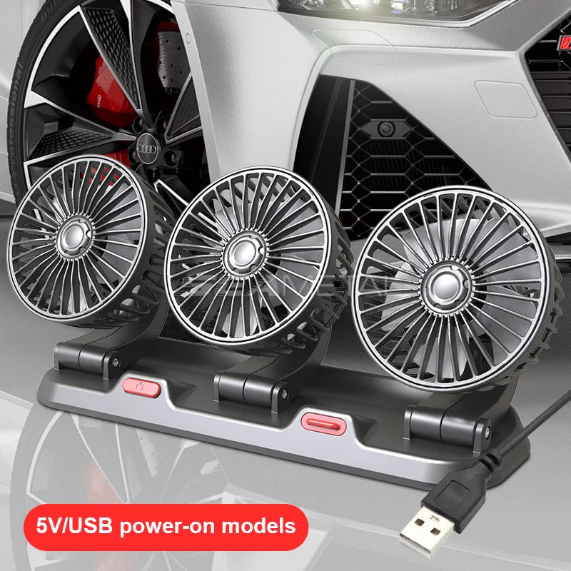 SEAMETAL Car Fan 360° Adjustable 3 Head Air Fan Automotive Electric Fan USB/12V/24V 2 Speeds Car Silent Fan for Car Home Office