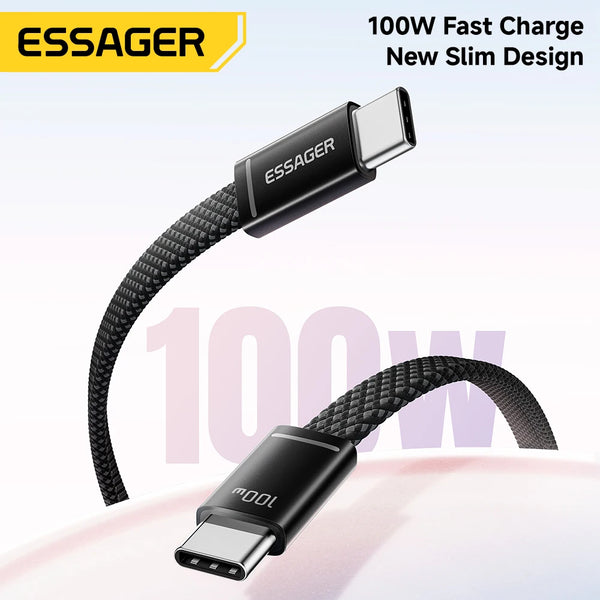 ខ្សែសាក ESSAGER 100W USB C ទៅ Type C Slim 5A PD សាកថ្មលឿនសម្រាប់ MacBook iPhone 17 16 Pro Max iPad Xiaomi Laptops USB-C Data Cord