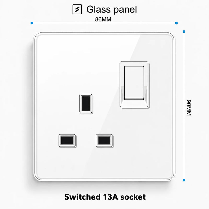 White Tempered Glass 2Way Wall Light Switch, UK Wall 18W Type-C Fast Charging USB Socket, Universal Electrical Outlet Plug 220V