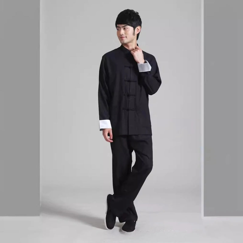 Chinese-style Men's Black Cotton-linen Two-piece Set, Featuring A Stand-up Collar Long-sleeve Shirt and Pants.