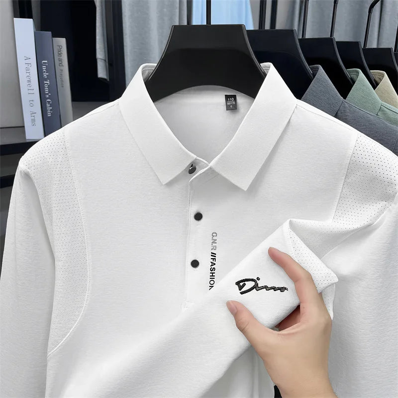 Luxury Men Long-Sleeve Polo Shirt Lapel Button Letter Print Breathable Autumn Winter New Leisure Sports Versatile Men's Clothing