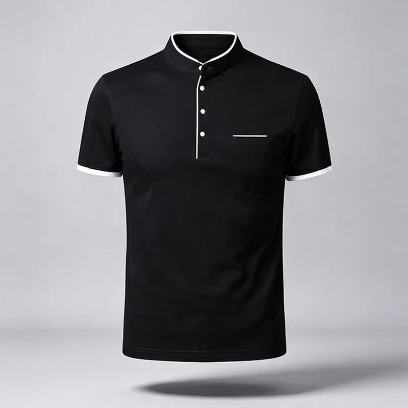 Men Regular Fit Short Sleeve Polo Shirt Stand Collar Chest Pocket For Office Business Look And City Street Daily Wear