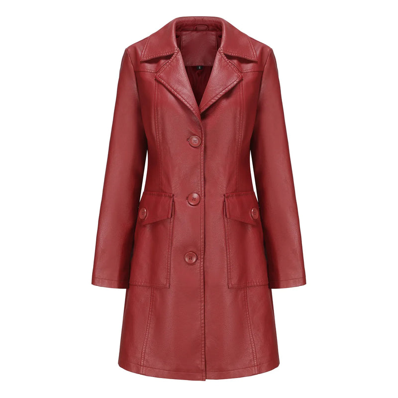 Women's Red Long Waist Lace-up Leather Jacket,2026 New Black Lapel PU Windbreaker Jacket Fashion Female Single-breasted Overcoat